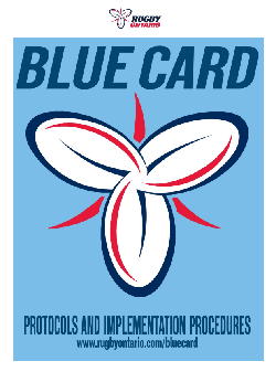 Blue Card poster for the Crusaders Rugby Club Oakville with a three-petal emblem and the caption “Protocols and Implementation Procedures.”