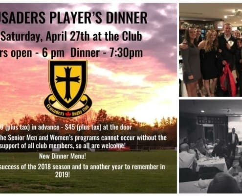 Collage of Crusaders Rugby Club Oakville event photos, featuring a players' dinner poster and group shots.