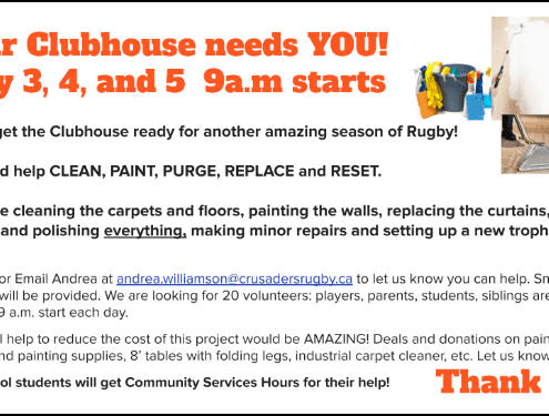 Volunteer event flyer for the Crusaders Rugby Club in Oakville calling for clubhouse cleanup, painting, and renovations.