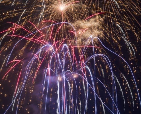 Multicolored fireworks bursting in a dark night sky.
