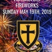 Victoria Day Fireworks poster featuring the Crusaders Rugby Club Oakville crest and the date Sunday May 19th, 2019.