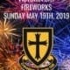 Victoria Day Fireworks poster featuring the Crusaders Rugby Club Oakville crest and the date Sunday May 19th, 2019.