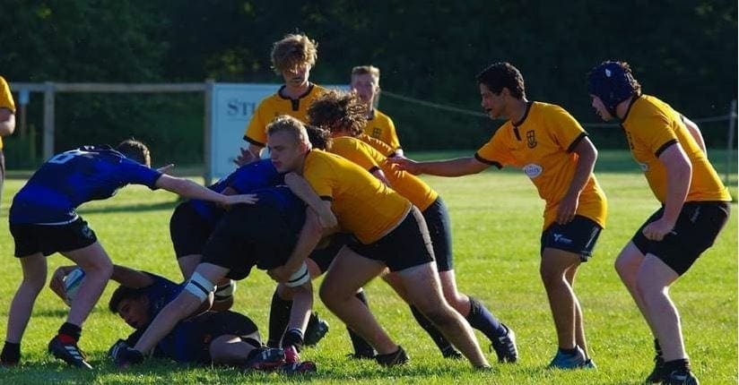 MT3 Crusaders Rugby Club players in yellow and blue jerseys contest a scrum on a grassy field in Oakville.
