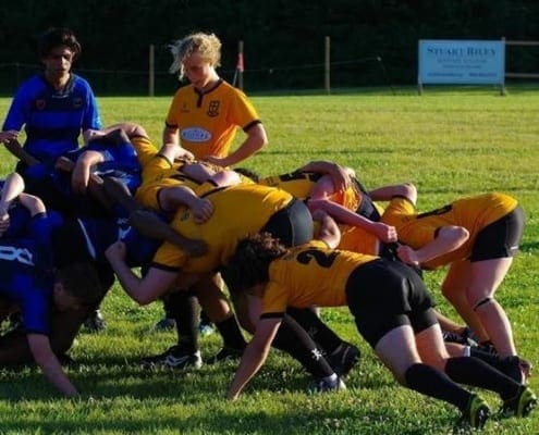 Rugby players from Crusaders Rugby Club in blue and yellow jerseys scrummaging on a grassy field in Oakville.