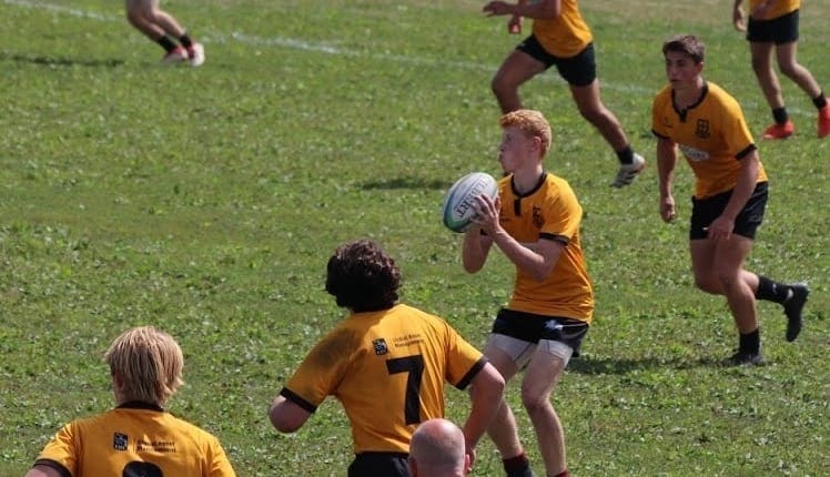 Rugby players in yellow jerseys compete on a grassy field during a Crusaders Rugby Club match in Oakville.