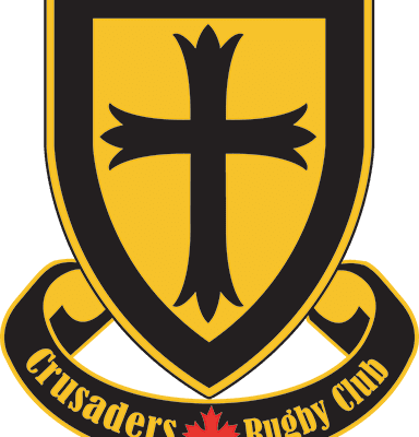 Crusaders Rugby Club emblem from Oakville: a gold shield with a black border and central black cross, with a curved black banner below reading “Crusaders Rugby Club” and a red maple leaf.