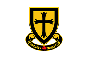 Crusaders Rugby Club crest from Oakville, featuring a yellow shield with a black cross and a curved banner reading 'Crusaders Rugby Club' with a red maple leaf.