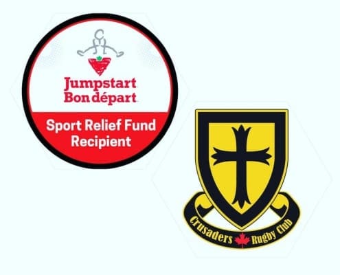 The Crusaders Rugby Club Oakville crest sits beside a Jumpstart Bon Départ Sport Relief Fund Recipient badge.