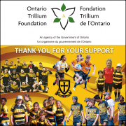 Crusaders Rugby Club Oakville group collage of players in yellow and black jerseys with Ontario Trillium Foundation logos and a "Thank you for your support" banner.