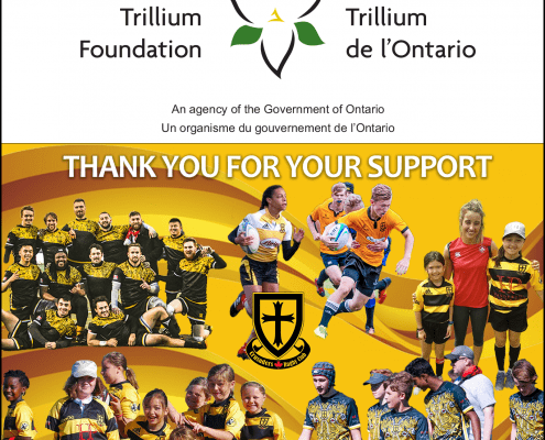 Crusaders Rugby Club Oakville group collage of players in yellow and black jerseys with Ontario Trillium Foundation logos and a "Thank you for your support" banner.