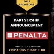 Partnership announcement poster featuring the Penalta sponsor logo for Crusaders Rugby Club.