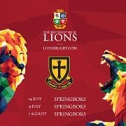 Crusaders Rugby Club Oakville logo on a red background, flanked by colorful polygonal lions, with Springboks match dates listed.