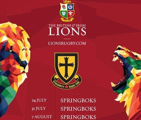 Crusaders Rugby Club Oakville logo on a red background, flanked by colorful polygonal lions, with Springboks match dates listed.
