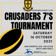 Crusaders Rugby Club Oakville 7s Tournament poster featuring a yellow-and-black rugby ball and event details for Saturday October 16, 2021 (U14–U18 boys and girls).