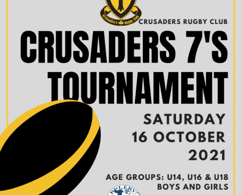 Crusaders Rugby Club Oakville 7s Tournament poster featuring a yellow-and-black rugby ball and event details for Saturday October 16, 2021 (U14–U18 boys and girls).