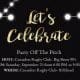 Event flyer for Crusaders Rugby Club Oakville with string lights and gold text reading “Let’s Celebrate” and party details.