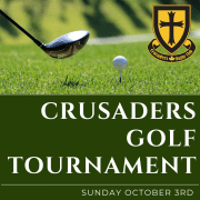 Crusaders Golf Tournament poster showing a golf club and ball on grass with the Crusaders rugby crest in the top-right corner.