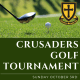 Crusaders Golf Tournament poster showing a golf club and ball on grass with the Crusaders rugby crest in the top-right corner.