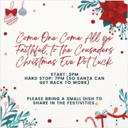 Festive poster for the Crusaders Rugby Club in Oakville announcing a Christmas Eve Pot Luck with decorative holly and ornaments.