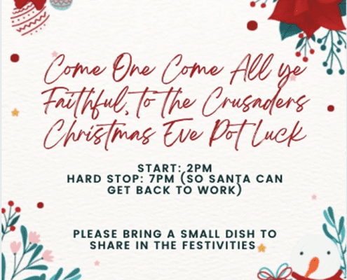 Festive poster for the Crusaders Rugby Club in Oakville announcing a Christmas Eve Pot Luck with decorative holly and ornaments.