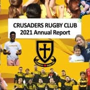 Cover of the Crusaders Rugby Club 2021 Annual Report with the club crest and a group of players in yellow uniforms.