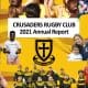Cover of the Crusaders Rugby Club 2021 Annual Report with the club crest and a group of players in yellow uniforms.