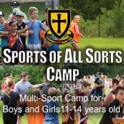 Group of kids at a multi-sport camp with the Crusaders Rugby Club Oakville shield logo.