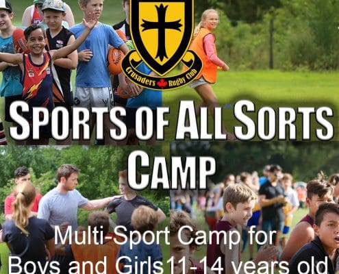 Group of kids at a multi-sport camp with the Crusaders Rugby Club Oakville shield logo.