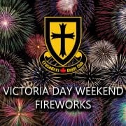 Crusaders Rugby Club Oakville crest against a colorful fireworks backdrop with the text Victoria Day Weekend Fireworks.