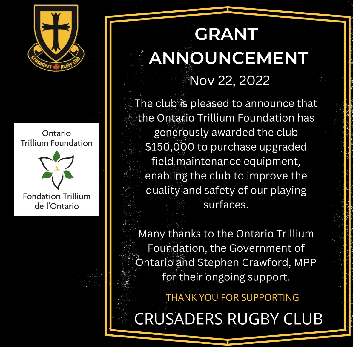 Crusaders Rugby Club is pleased to announce the award of a Ontario Trillium Foundation Grant