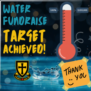 Crusaders Rugby Club in Oakville fundraiser poster with a large red thermometer, water splash background, and a yellow “Thank you” note.