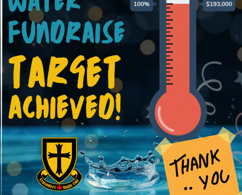 Crusaders Rugby Club in Oakville fundraiser poster with a large red thermometer, water splash background, and a yellow “Thank you” note.