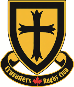 Crusaders Rugby Club logo: a gold shield with a black cross, and a curved banner below reading 