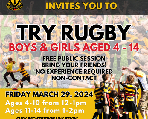 Oakville Crusaders rugby club poster inviting boys and girls aged 4–14 to a free, non-contact try rugby session.