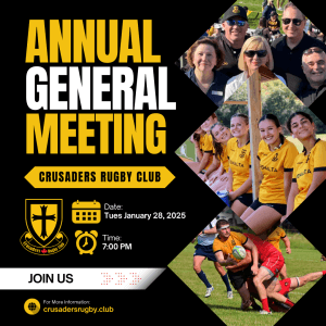 Crusaders Rugby Club Oakville Annual General Meeting poster featuring a collage of team photos and event details.