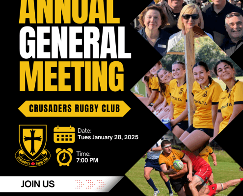 Crusaders Rugby Club Oakville Annual General Meeting poster featuring a collage of team photos and event details.