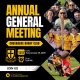 Crusaders Rugby Club Oakville Annual General Meeting poster featuring a collage of team photos and event details.