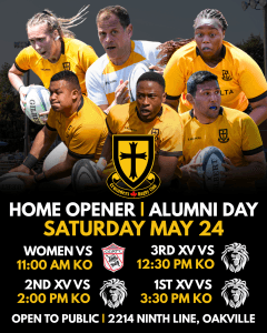 Team photo of Crusaders Rugby Club players in yellow jerseys with the club crest in front.