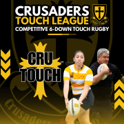Crusaders Rugby Club Oakville branding featuring the Crusaders Touch League logo and two players holding rugby balls.
