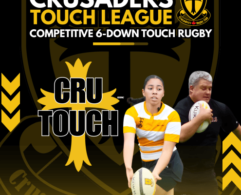Crusaders Rugby Club Oakville branding featuring the Crusaders Touch League logo and two players holding rugby balls.