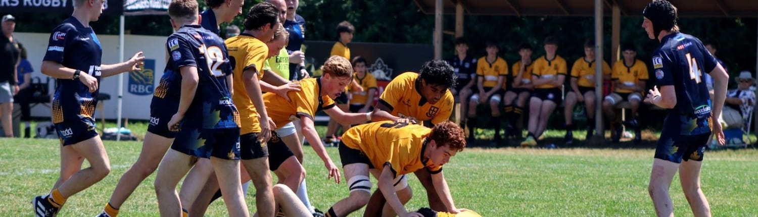 2025-Junior Boys Crusaders Rugby Club players in yellow and navy uniforms contest the ball during a rugby match on a grassy field in Oakville.