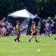 Kids flag rugby game on sunny green field with colourful jerseys, coaches, tent, and trees.