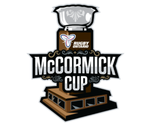 The image displays a stylized logo in the shape of a trophy, featuring a silver cup design atop a brown base that includes the text RUGBY ONTARIO with a trillium emblem and the prominent words McCORMICK CUP.