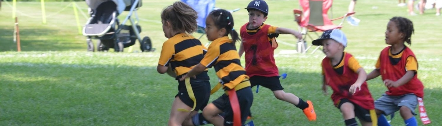 A group of young children wearing team jerseys are running and playing a flag game on a sunny grassy field, with a stroller and chairs visible in the distant background.