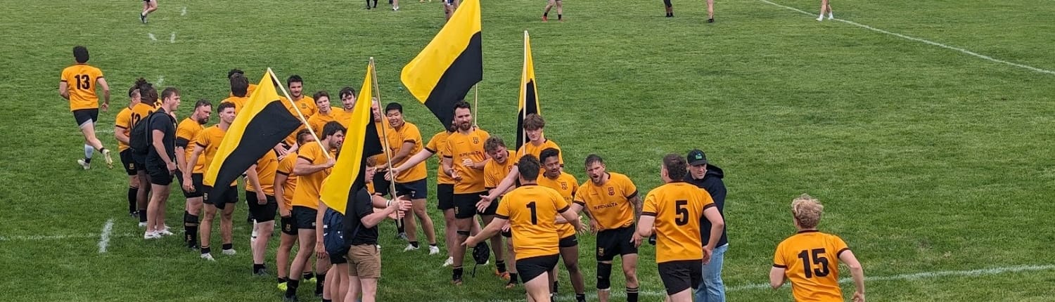 Senior Match Run-on Crusaders Rugby Club players in yellow jerseys walk in a line across a grassy field in Oakville.