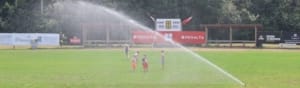Rugby players on a green field at the Crusaders Rugby Club in Oakville, with sprinklers watering the pitch.